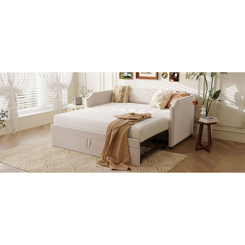 Twin Size Velvet Upholstered Daybed With Pop Up Trundle, Beige
