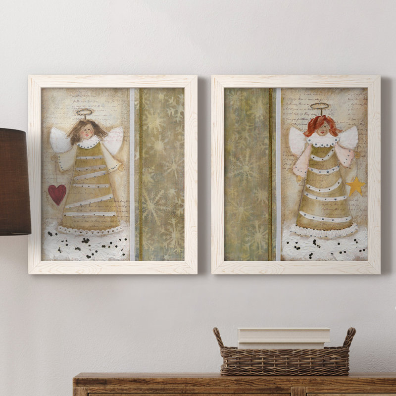 «Cloud Angel with Heart», ensemble de 2 peintures, H 20 po x l 17 po x P 1 po, Toile blanche encadrée, Pas de tapis