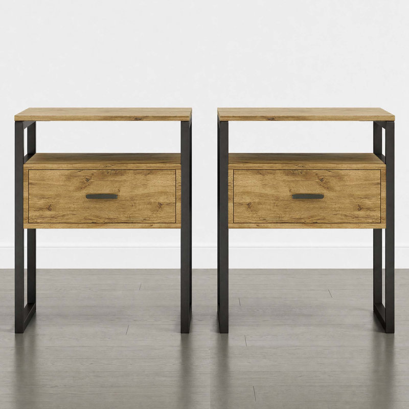 Tables de chevet industrielles en bois 1 tiroir avec cadre en fer (ensemble de 2), Naturel