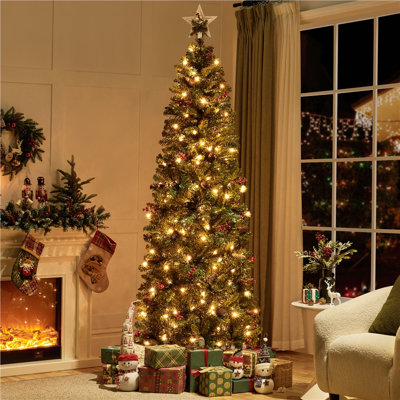 Arbre de Noël prelit à crayon mince, lumières blanc chaud, bouts de branches