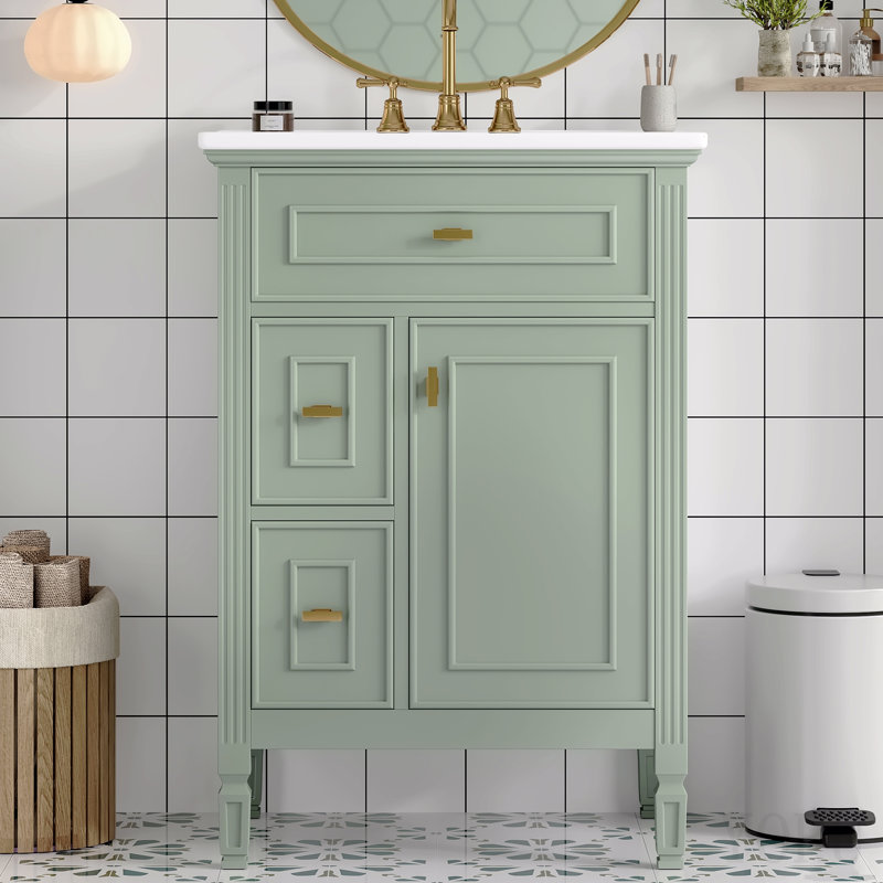 Meuble-lavabo de 24 pouces avec lavabo, armoire en bois massif et panneau de fibres à densité moyenne avec un tiroir rabattable, deux tiroirs standard et une tablette réglable, meuble-lavabo vert autoportant pour le rangement de la salle de bain
