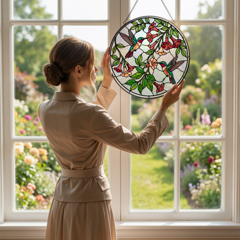 Panneau de vitrail en forme de colibri fleurs H 12 po, H 12 po