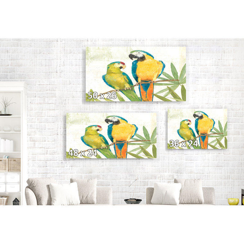 Duo de perroquets sur une branche, crevettes, bleu, vert, jaune, H 26 po x l 50 po x P 1,5 po