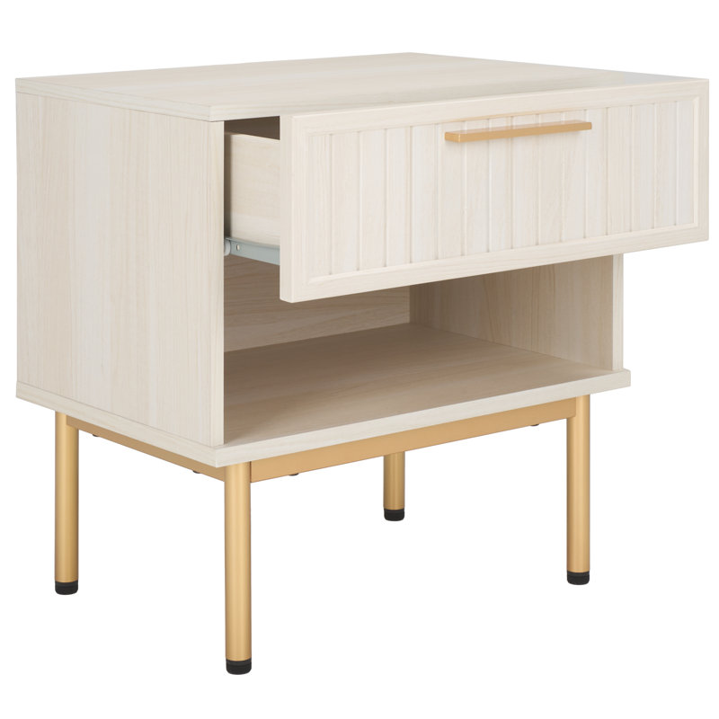 Table de chevet Casmira, Blanc blanchi / or