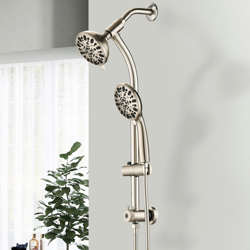 7-Setting Dual Shower Head - Stainless Steel Slide Bar With 5" Abs Showerhead, Wall Mounted, 1.8 Gpm, Adjustable Sprays, 59" Hose, Brushed Nickel Finish Showerhead 7 Spa , Abs, Mount,