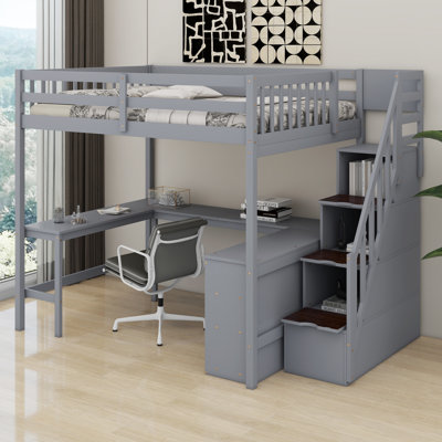 Loft Bed With Built-In L-Shaped Desk And Three-Tier Storage Shelves