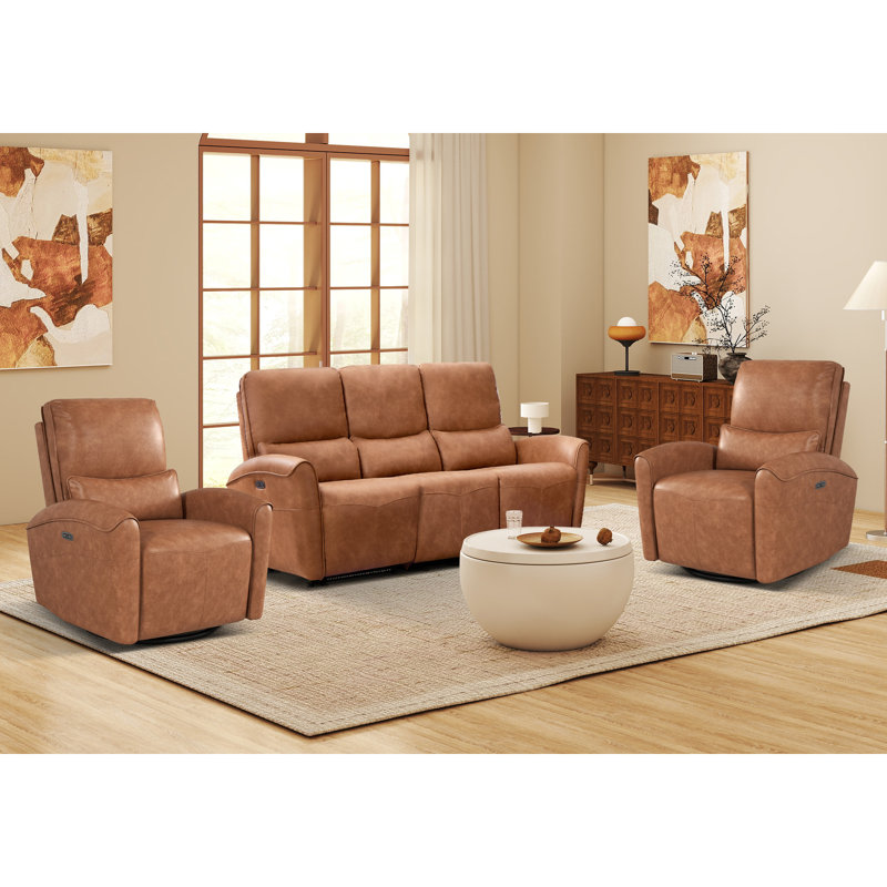 Ensemble de salon inclinable électrique en microfibre 3 pièces avec bandes lumineuses, 3 Pcs: 2 Chairs, Sofa, Brown