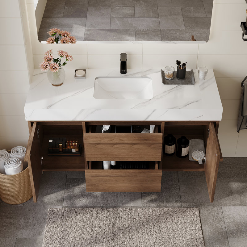 Ensemble de meuble-lavabo simple 48 po avec armoire, armoire en bois massif fritté blanc, deux tiroirs et bahuts