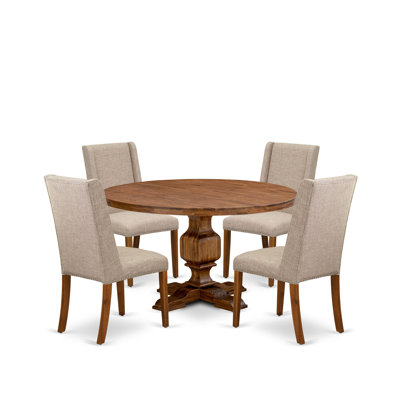 5-piece Dining Room Set included a dining table and 4 Light Tan Linen Fabric Fabric dining room chair with Padded Back - Antique Walnut