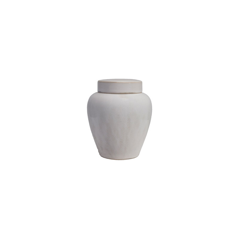Decorative Debossed Stoneware Ginger Jar With Pattern, Lid And Reactive Glaze, White