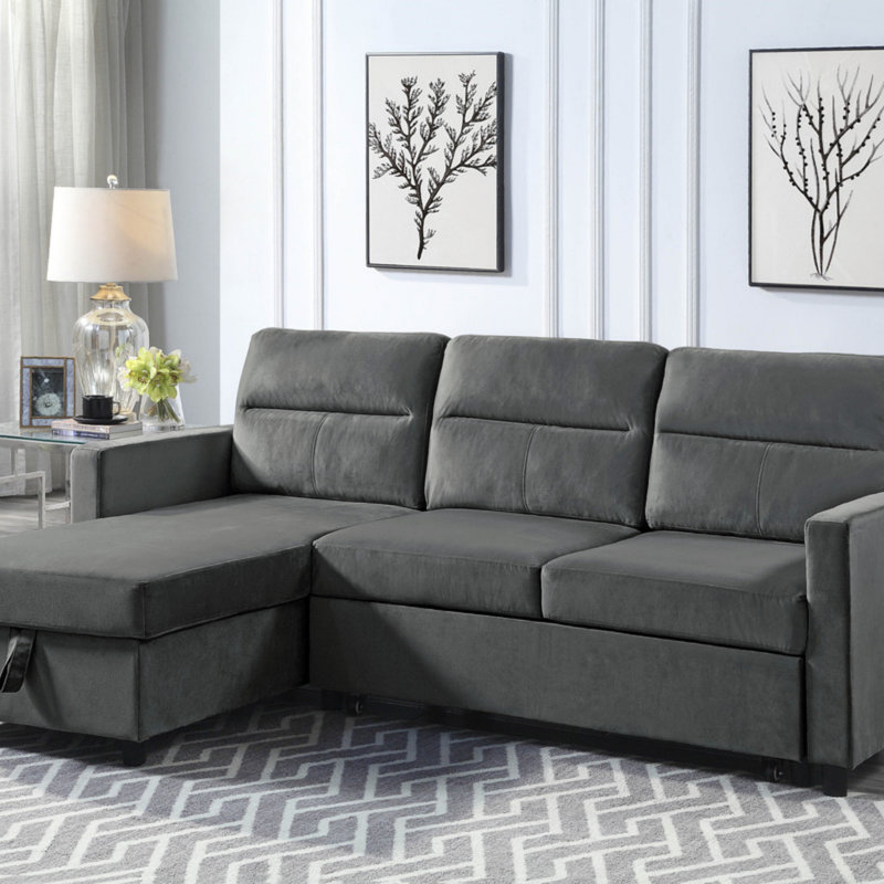 Velvet Reversible Sleeper Sectional Sofa With Storage Chaise And Side Pocket, Dark Grey