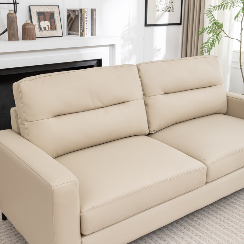Canapé en cuir véritable de 83 po de largeur avec accoudoirs carrés, Beige
