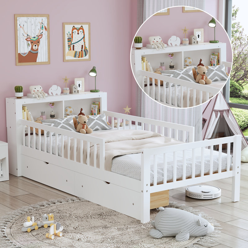 Twin Bed with Headboard Storage, 2 Under-Bed Drawers, and 3-Side Guardrails for Safety,White, White