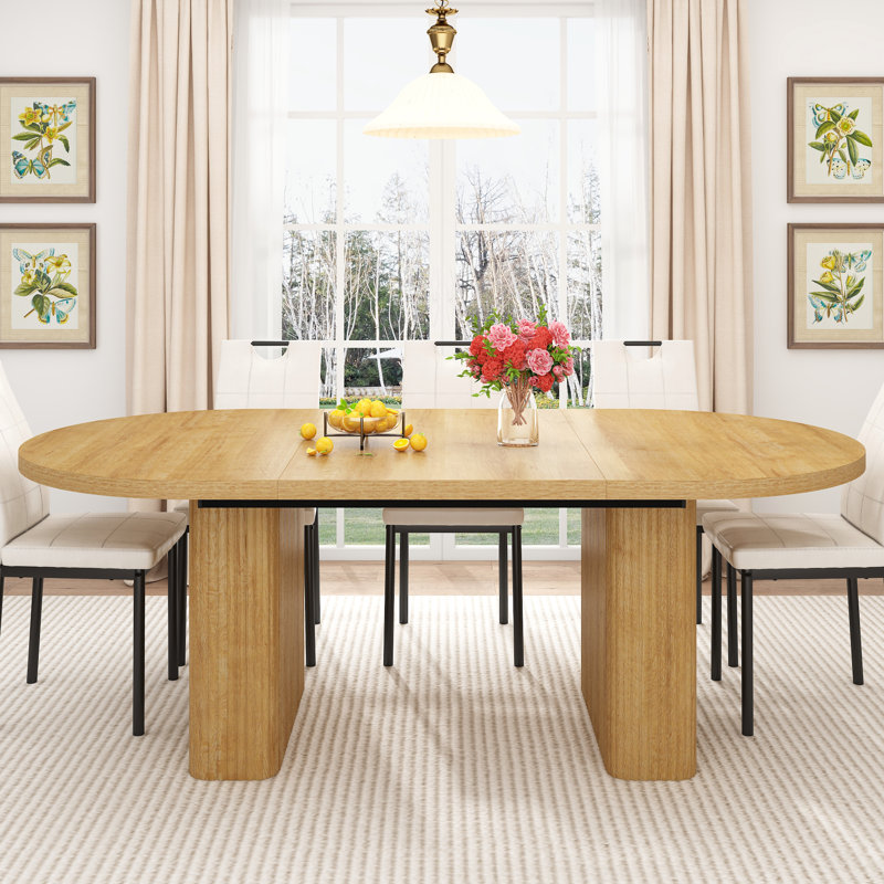 70.8 In Dining Table For 4-6, Modern Kitchen Table With Waterproof Wood Tabletop, Natural Rectangular Farmhouse Long Dining Room Tables With Foot Pads & Wood Strip Base For Kitchen Living Room