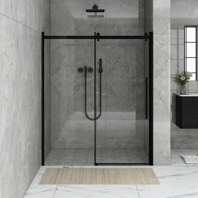 60 po X P 72 po Porte de douche coulissante semi-sans cadre en H au fini noir mat avec verre trempé transparent