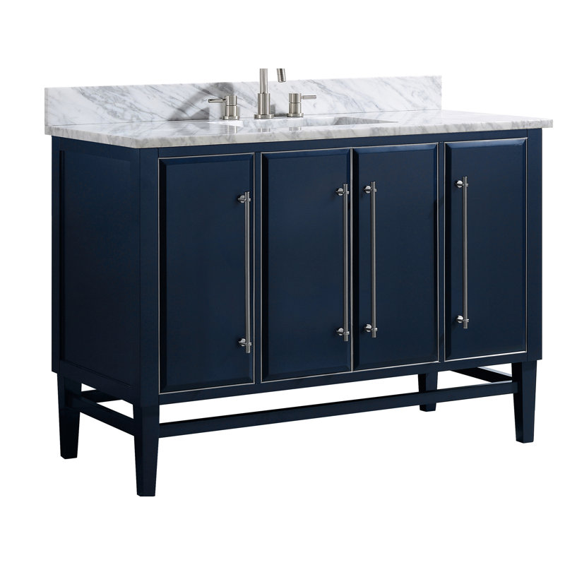 Ewen 49'' Single Bathroom Vanity with Marble Top, Navy Blue, Brushed Silver, Carrara White