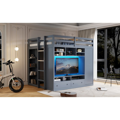 Grey Full Size Loft Bed With Integrated Storage Drawers, Shelves, Concealed Area And Remote - Operated Led For Bedroom Tidiness Hidden Space Controlled Utilization