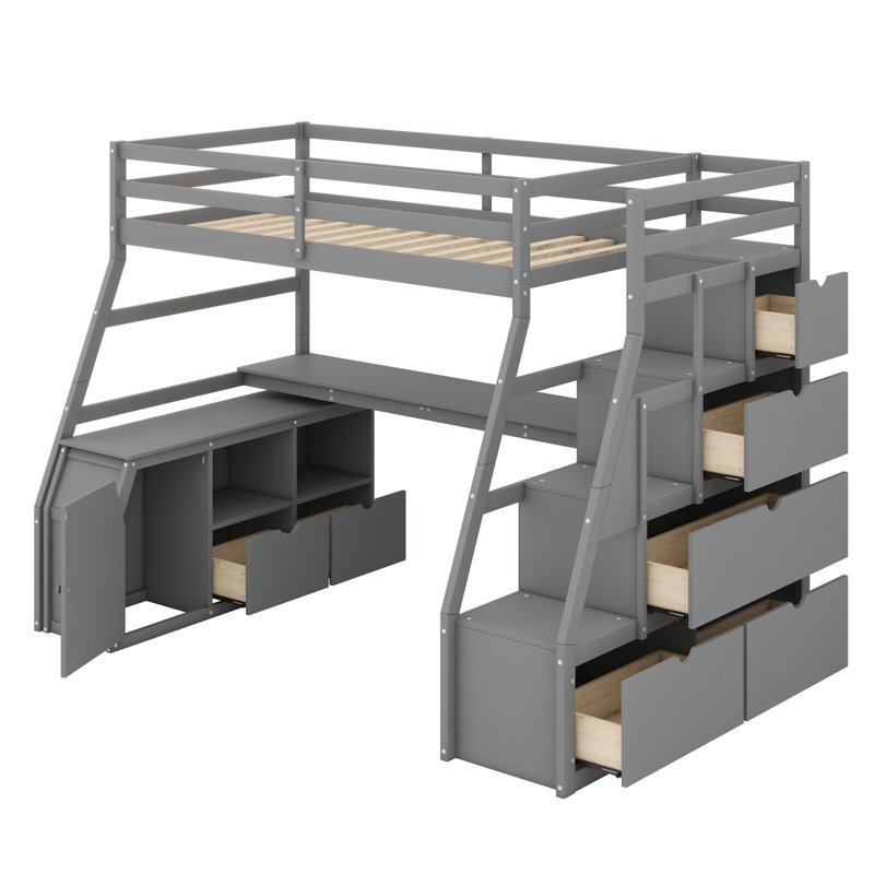 Lit mezzanine avec tiroirs, tablettes et bureau, Gris