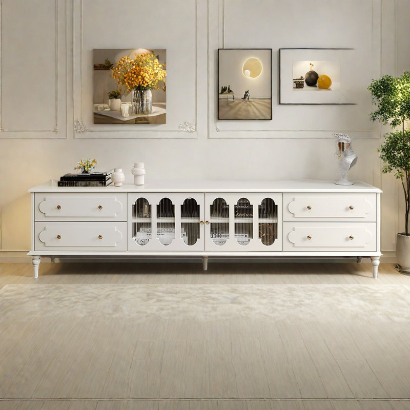 Meuble télé de style crème, H 22,40 po x l 86,60 po x P 15,70 po