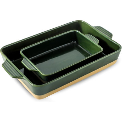 2 Pack Forest Green Ceramic Baking Dishes with Handles, 9x13 Inch Large & Medium Rectangular Casserole Pans, Porcelain Bakeware for Cooking & Serving
