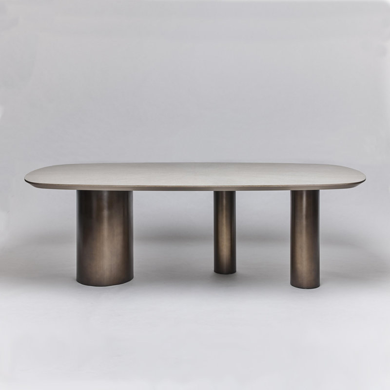 Becket Oak Oval Solid Wood Top Metal Base Dining Table, Cliffside Gray