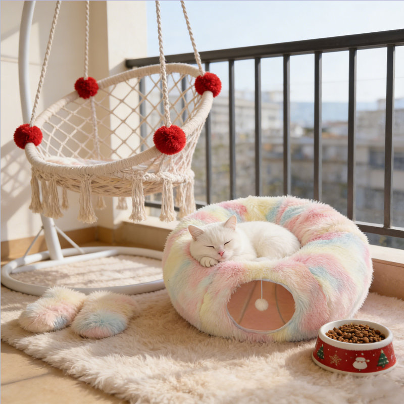 Lits pour chats pour chats d'intérieur, grand lit pour chat avec boule pelucheuse, cachette pour chat pliable, nid pour chat 2 en 1