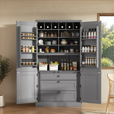 Armoire de cuisine haute avec support pour micro-ondes, 4 portes et casier à vin