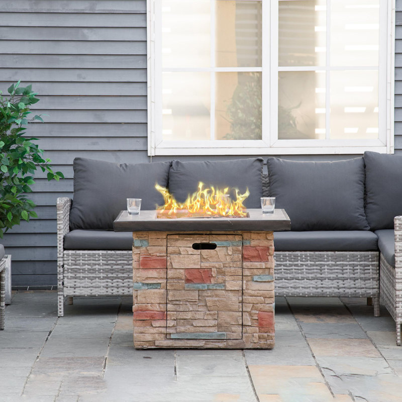 32 Inch Outdoor Propane Gas Fire Pit Table, 50,000 BTU Auto-Ignition Square Faux Ledge Stone Gas Firepit with Lava Rocks and Rain Cover