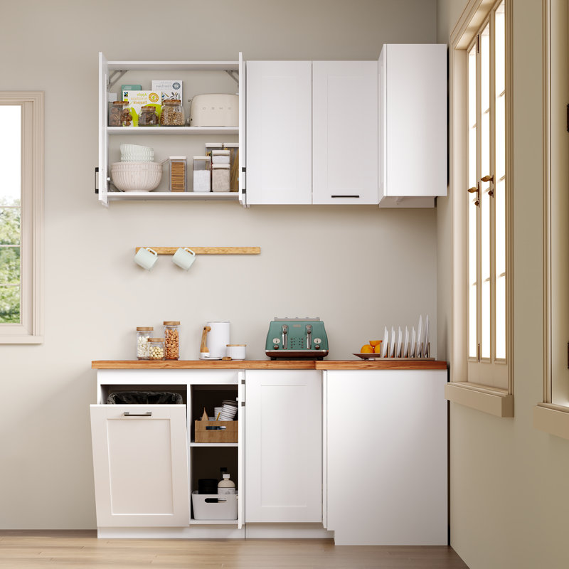 Ensemble de garde-manger blanc en L en MDF blanc, unités de rangement murales et de base 2 pièces avec compartiment à poubelle et sans comptoir