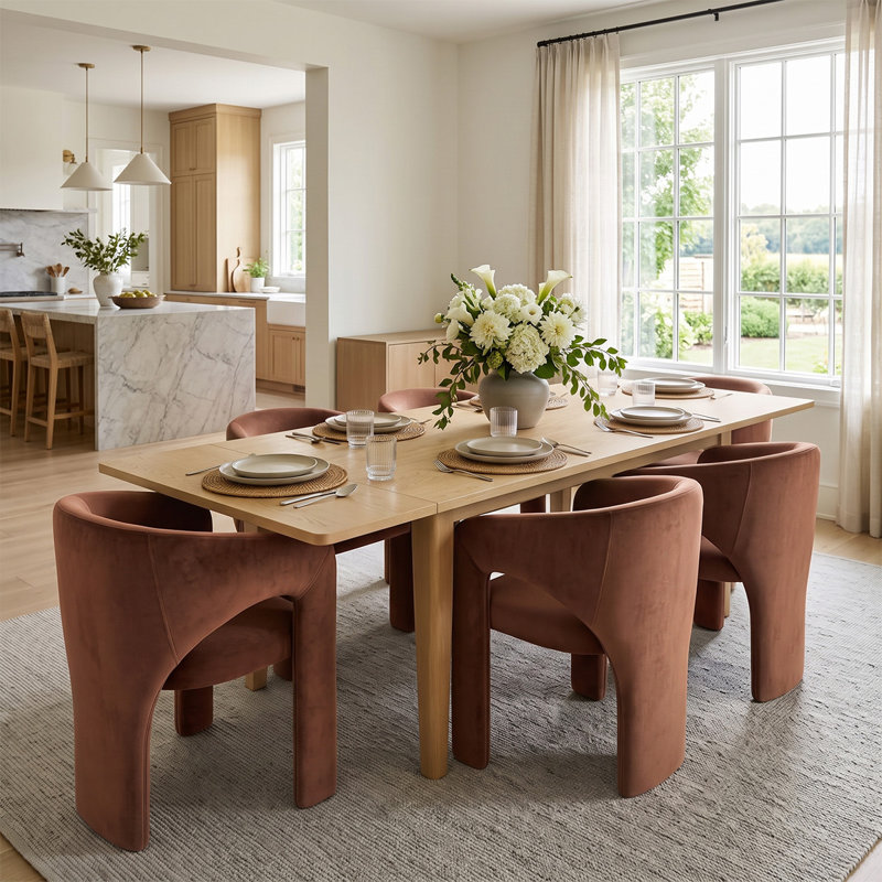 Ensemble de table de salle à manger extensible en placage de bois de 72" à 104" avec 6 fauteuils en velours, Rust