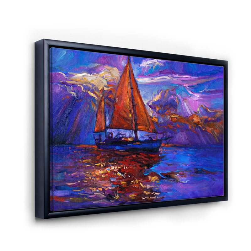 Voilier rouge sur un coucher de soleil mauve - peinture sur toile, H 12 po x l 20 po x p 1 po, Cadre flottant noir