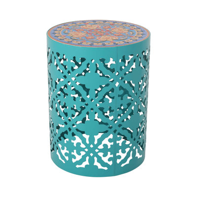 CASTANA Transitional Lace Cut Metal Side Table with Tile Mosaic Top, Perfect for Outdoor and Indoor Use