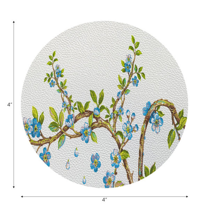 Cherry Blossom Red Vegan Leather Round Coasters, Blue