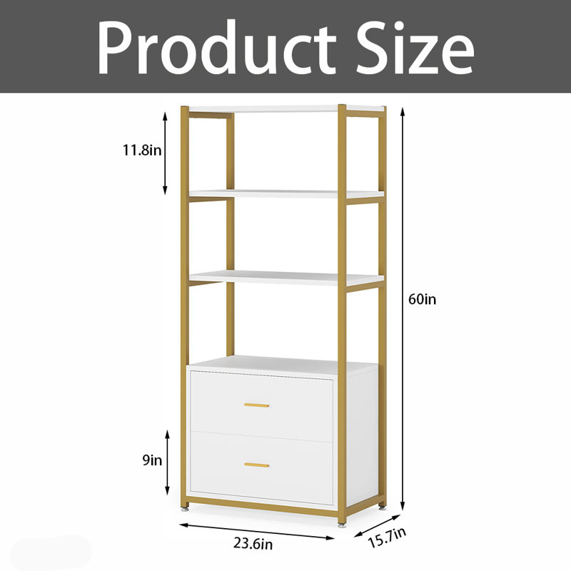 3-Tier Bookshelf with 2 Drawers, Large Storage Display Rack for Home Office, Blanc / Blanc