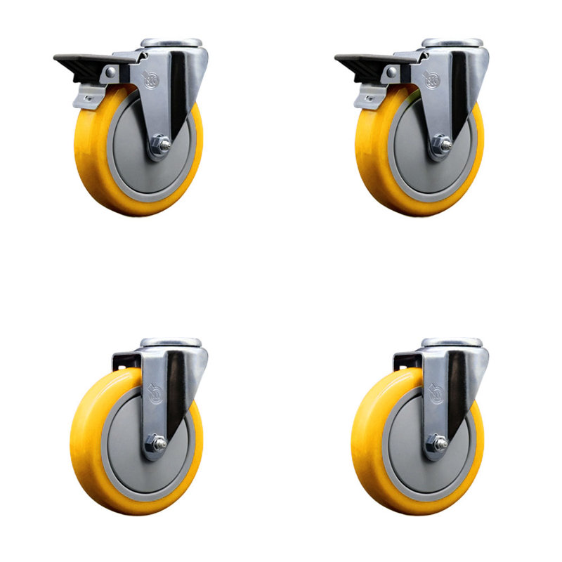 Ensemble de roulettes à trou pivotant en poly jaune 5 pouces avec 2 freins Posi Lock SCC