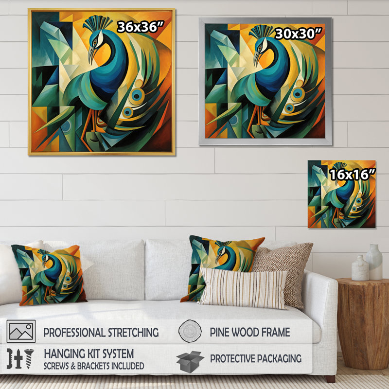 «Green Blue Peacock Cubist» sur impression sur toile, Cadre doré à une seule photo, H 36 po x l 36 po x P 1,5 po