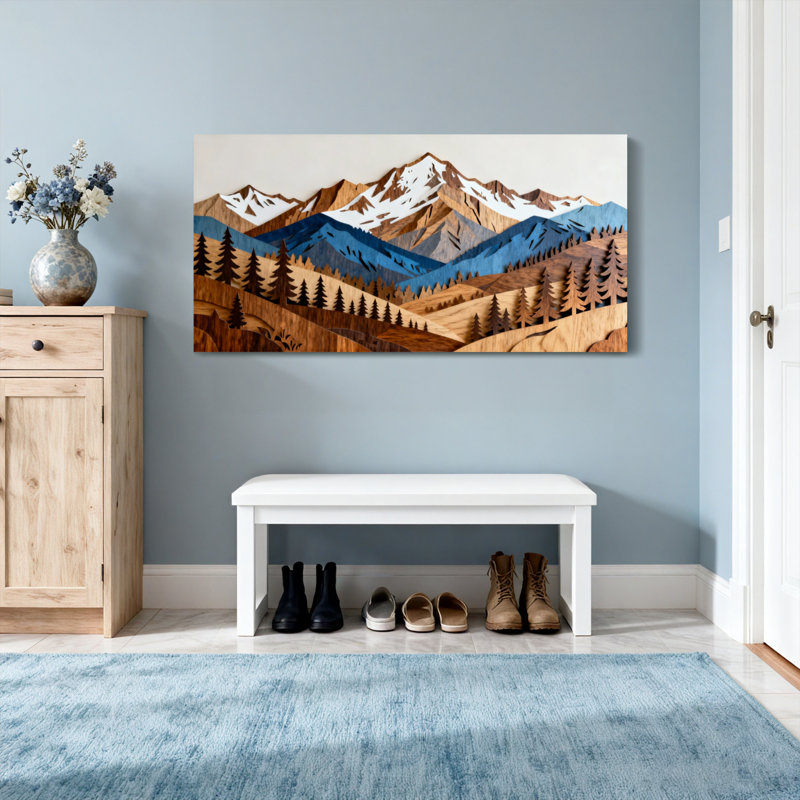 Landscape & Nature Mountain Range With Snowy Peaks And Pine Trees, 20" H x 40" W