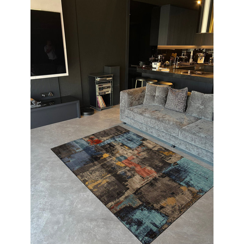 Abstract Patterned Multi-Colored Art Woven Base Digital Print Rug, Rectangle 4'11" x 7'6"