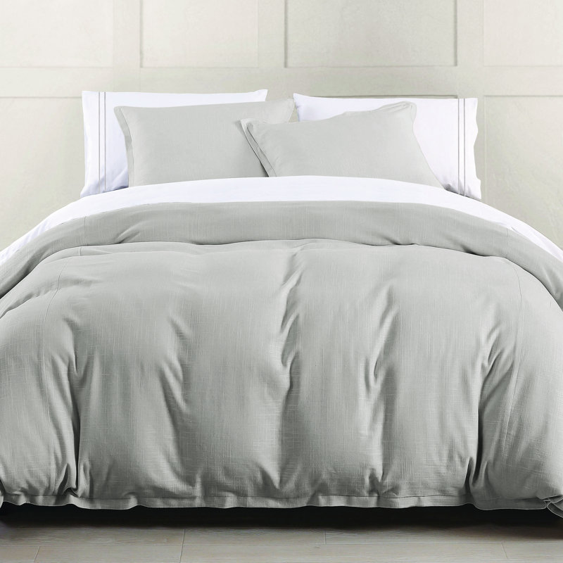 Hera Washed Linen Flange Modern Rustic Chic 1 Piece Duvet Cover, Queen Duvet Cover, Light Gray
