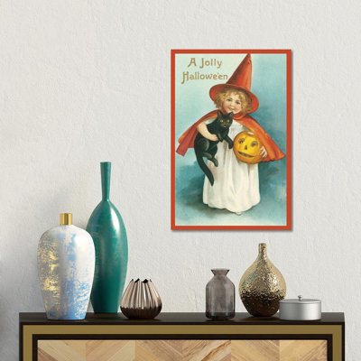 «A Jolly Halloween Girl & Cat», reproduction d'art sur toile tendue