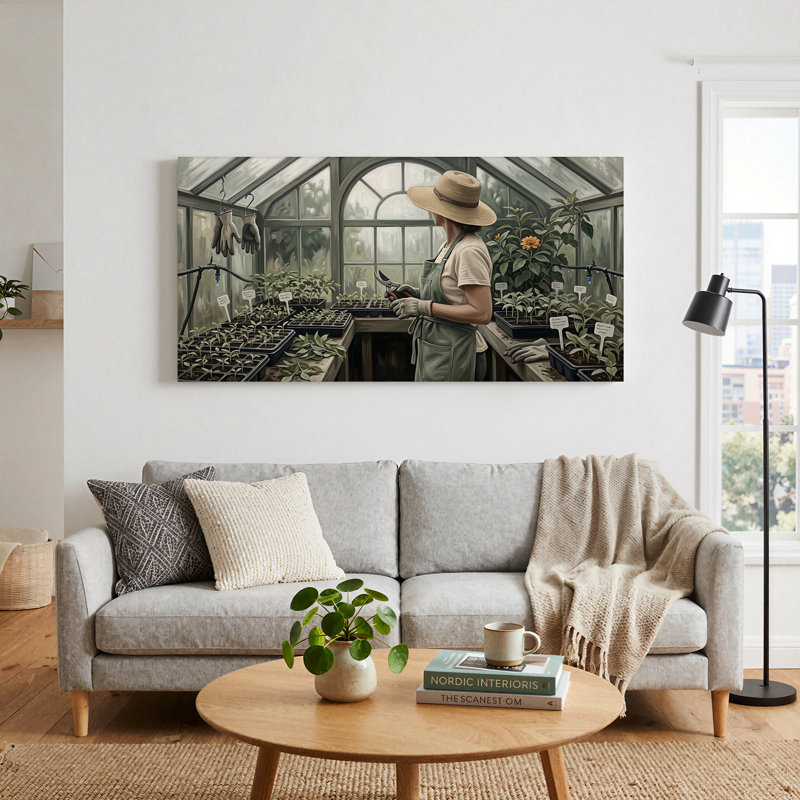 «Gardener Tendant Seedlings in Glass Greenhouse», art mural, L 40 po x H 20 po