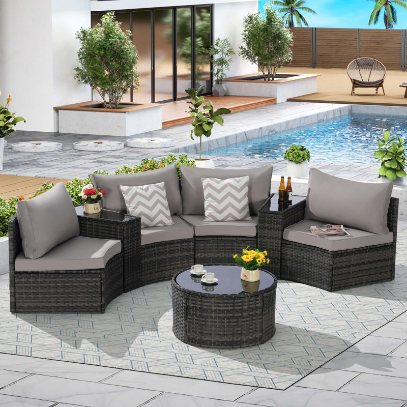 Outdoor Patio Furniture 7-Piece Half-Moon Sectional Round Patio Furniture Set Sofa With Tempered Glass Round Coffee Table