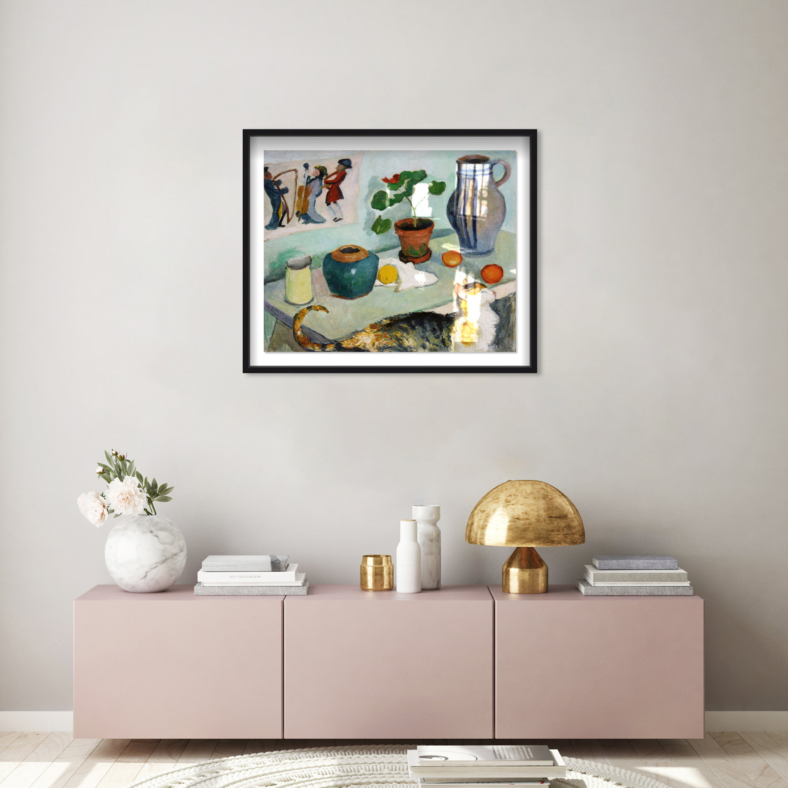 August Mackes Still Life With A Cat Art, Black Framed, 31" H x 37" W x 0.5" D