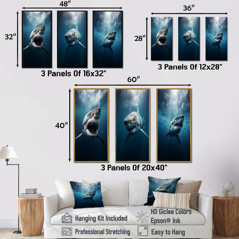 Requin bleu apex photo prédateur - ensemble de 3 reproductions d'art sur toile, H 28 po x l 36 po, Cadre flottant noir