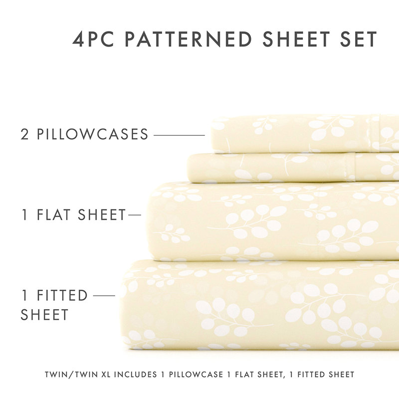 Sheet Set Solid Microfiber Ultra Soft Bedding, California King Sheet Set with 2 Pillowcases, Ivory Floral
