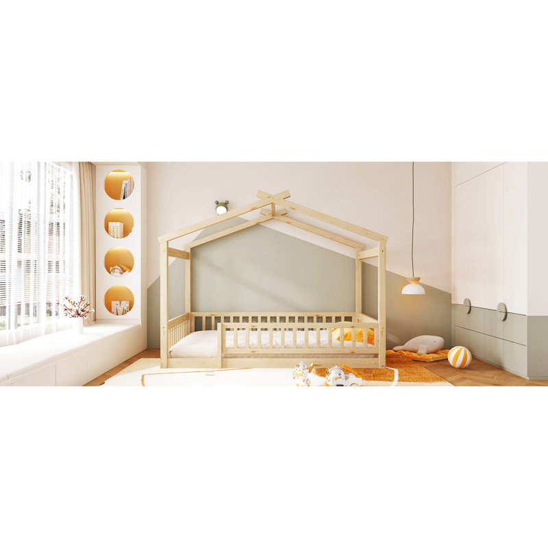 Structure de lit double en bois avec clôture et toit, offrant un endroit de jeu sécuritaire pour dormir, 4 couleurs, 7 lattes, pin avec repose-pieds idéal, conception semi-fermée, choix de couleurs, lattes