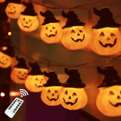 Guirlande d'Halloween citrouille d'Halloween avec chapeau de sorcière, 20 DEL 16,4 pi, 8 modes de minuterie, imperméable, 3D, orange, Jack-O-Lantern, à piles, pour lumières de scintillement pour les décorations d'intérieur et d'extérieur