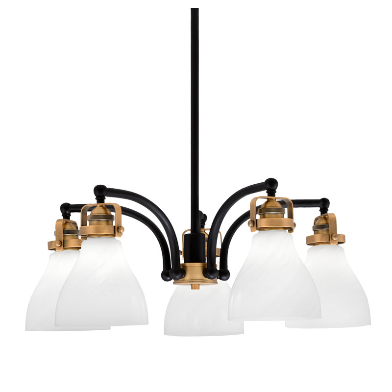 Lustre 5 lumières avec verre en marbre Easton, Noir mat / laiton