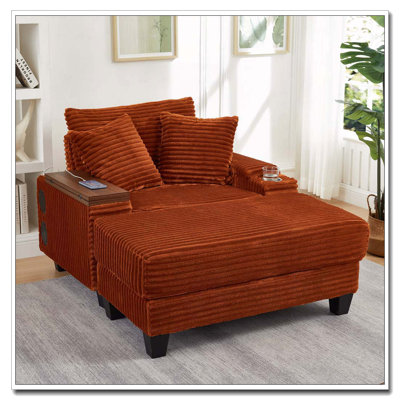 Corduroy Storage Armchair with Ottoman,Cup Holder,Bluetooth Speaker,USB Ports,180°Rotating Table Board