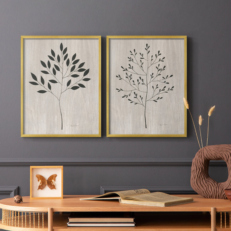 Feuilles et bois I - impression encadrée de qualité supérieure - prête à être accrochée - aucun clou requis - aucun clou requis